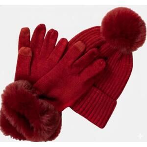 I.N.C. BEANIE & GLOVES FAUX-FUR-TRIM BRIGHT RED ONE SIZE
